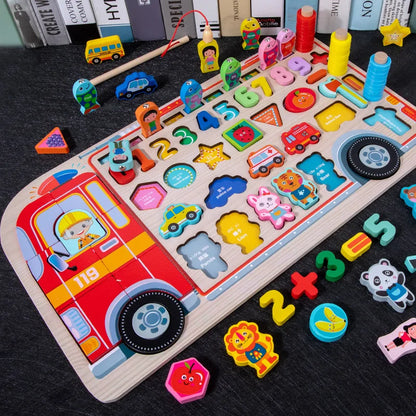 Montessori Wooden Math Toy – Busy Board with Counting, Shape, Color Matching, and Fishing Puzzle for Kids