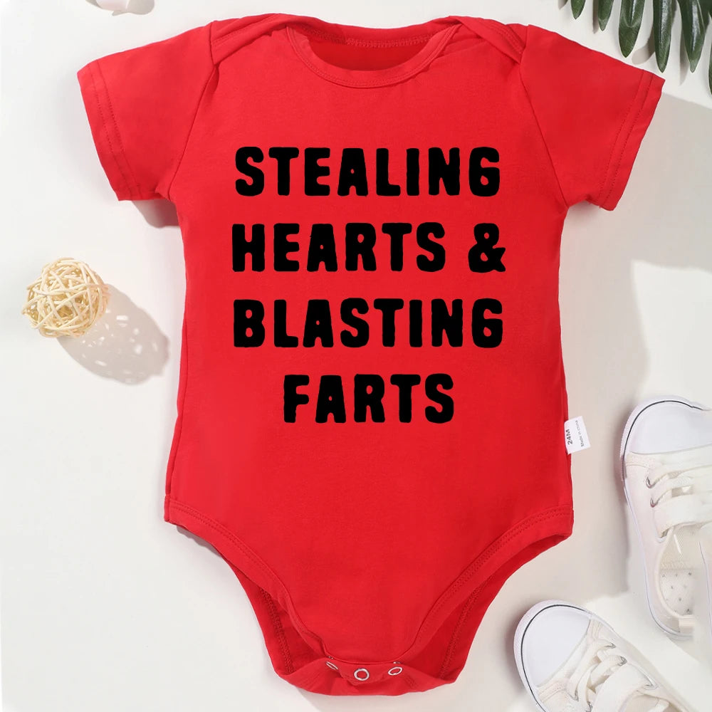 Creative Baby Onesie – "Stealing Hearts and Blasting Farts" Letter Print Funny Bodysuit – Comfy & Breathable Cotton Infant Clothes (0-24M)