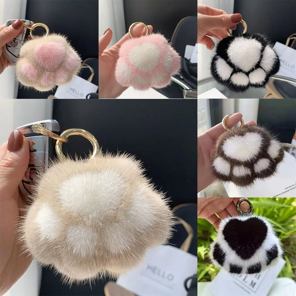 Fluffy Faux Fur Cat Paw Keychain, Plush Pendant for Backpack or Car