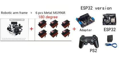 360° 6 DOF Robot Metal Alloy Mechanical Arm Claw Kit MG996R for Arduino, Robotics Educational Kit, PS2 Programmable Toy