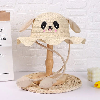 Kids Straw Sun Hat with Pop-Up Bunny Ears — Wide Brim 6.5 cm (2.6 in), 54 cm (21.3 in) Head — UPF 50+ Unisex Beach & Summer Hat, TikTok-Trending