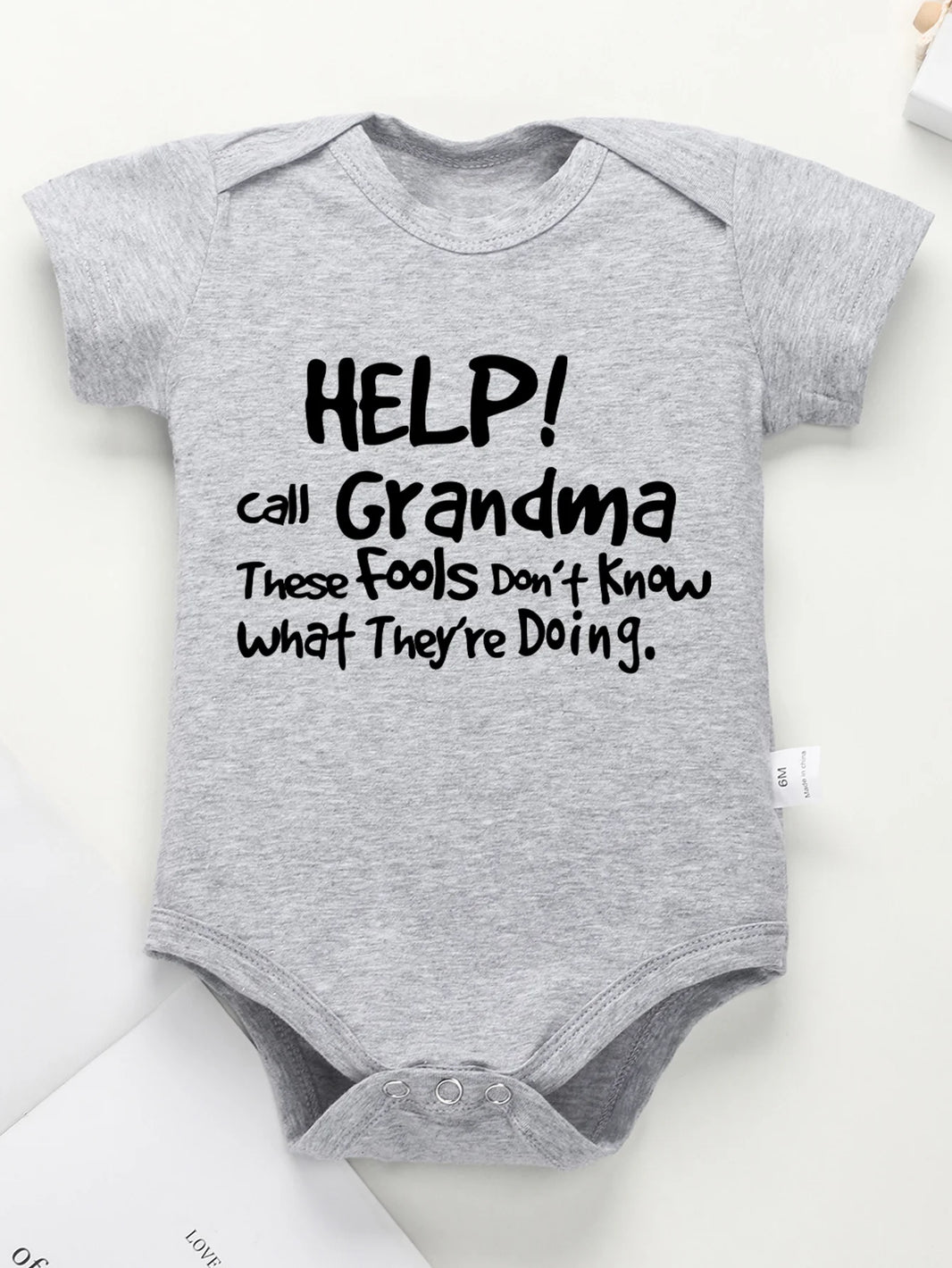 “Help Call Grandma” Letter Print Newborn Infant Rompers – Cute Short Sleeve Toddler Jumpsuit – Fashion Baby Boy & Girl Bodysuit