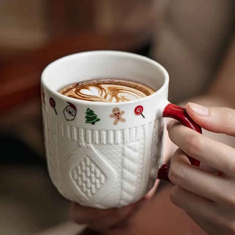 Embossed Christmas Sweater Ceramic Coffee Mug — Cute Cartoon Holiday & Birthday Gift for Women