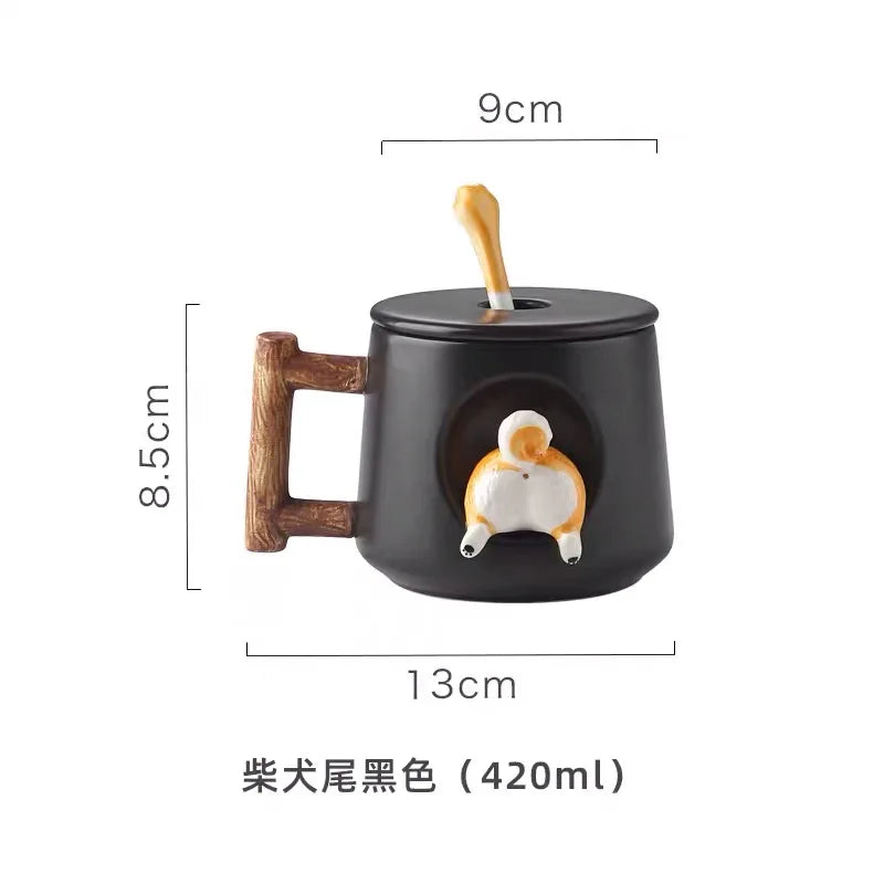 420ml (14.2 fl oz) 3D Shiba Inu Ceramic Mug with Lid & Spoon — Cute Cartoon Coffee & Milk Tea Cup, Gift for Girls
