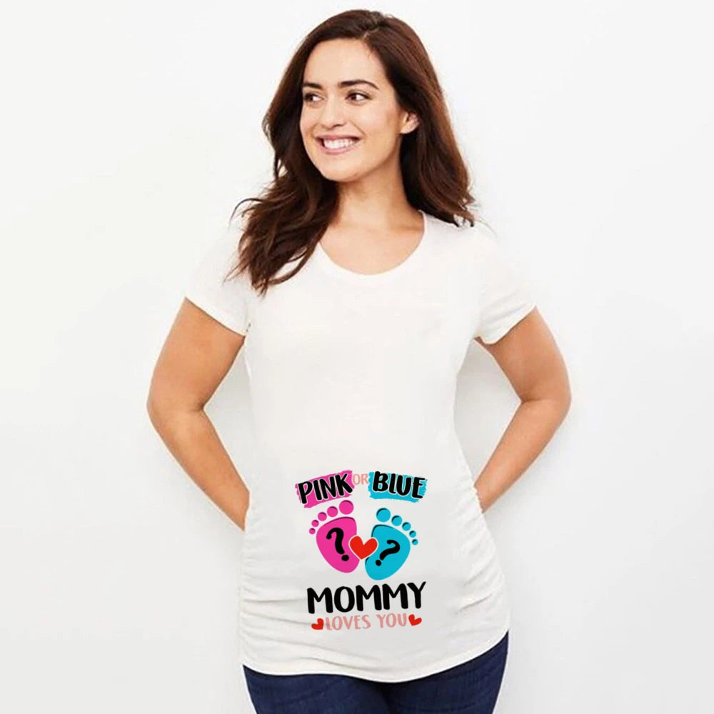 Pink or Blue Mommy Love You Printed Maternity T-Shirt - Summer Pregnancy Announcement Shirt, New Mom Tops