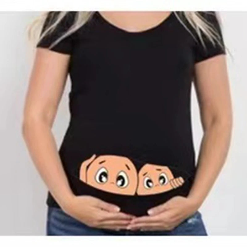 Summer Maternity Short Sleeve T-shirt Women Clothing Pregnant Zipper Twins Print Plus Size S-3XL Funny T-shirt Top Tees
