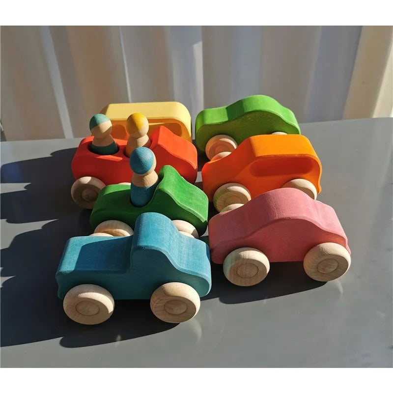 Wooden Montessori Rainbow Stacking Bridge with Cars and Trees