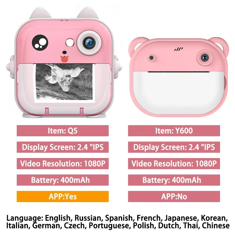 Children's 1080P HD Digital Camera with Instant Thermal Print, Photo and Video, Includes TF Memory Card