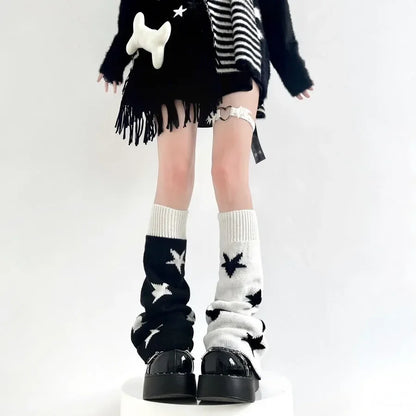 Y2K Punk Knitted Leg Warmers - Star Gothic Cross Harajuku Women Heart Two-Side Wear Loose Fit Leg Covers | JK Thigh High Lolita Socks