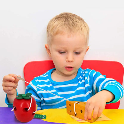 Montessori Activity Worm Eat Apple Toy – Wooden Threading and Development Game for Kids, Toddler Travel Toy for Car and Plane Play