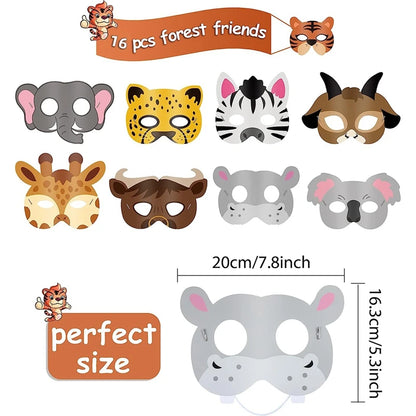 16-Pack Kids Jungle Animal Paper Masks - Safari Party Photo Props | Birthday & Baby Shower Decorations