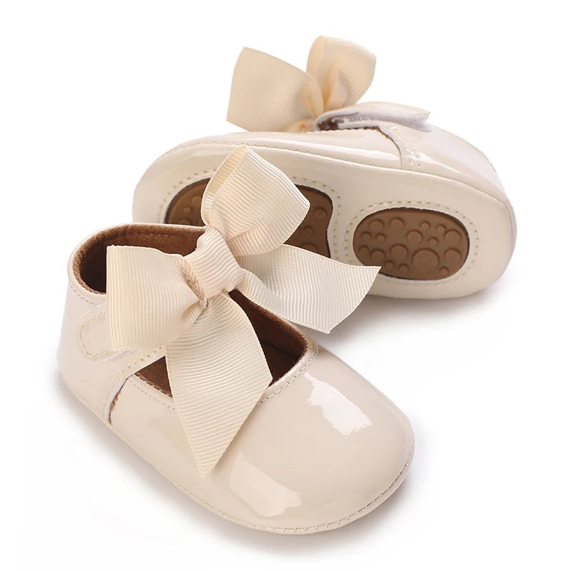 Khaki Baby Casual Shoes 0-18M Infant Toddler Bowknot Non-Slip Rubber Soft-Sole Flat PU First Walker Newborn Mary Janes