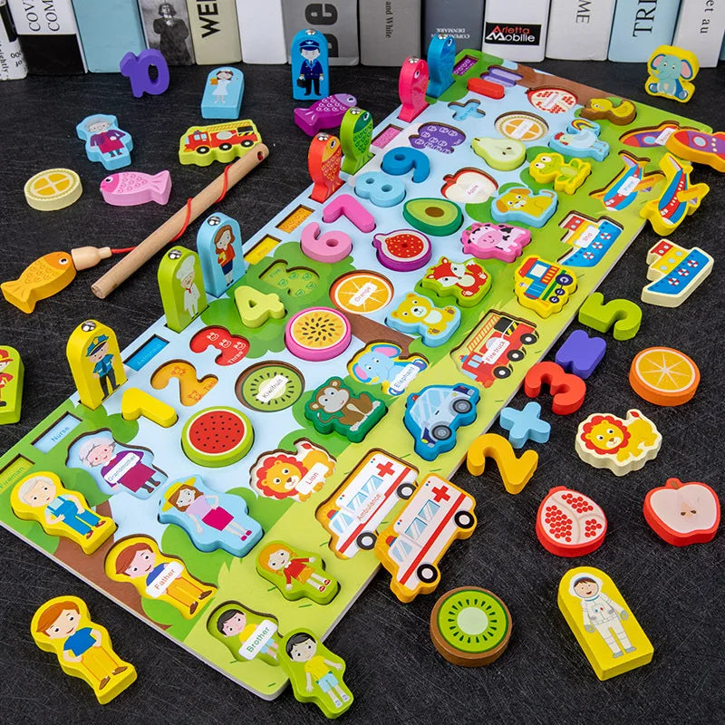 Montessori Wooden Math Toy – Busy Board with Counting, Shape, Color Matching, and Fishing Puzzle for Kids