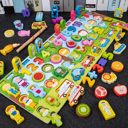 Montessori Wooden Math Toy – Busy Board with Counting, Shape, Color Matching, and Fishing Puzzle for Kids