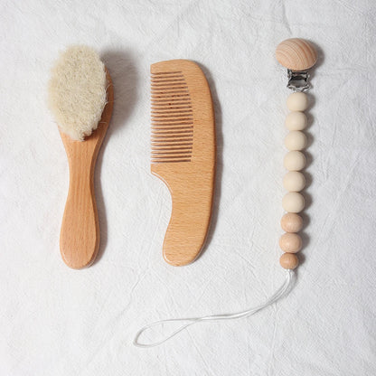 Baby Comb Brush Set - Newborn Gift Set with Natural Wool Beech Wooden Comb, Baby Bib, Pacifier Clip, and Hair Brush