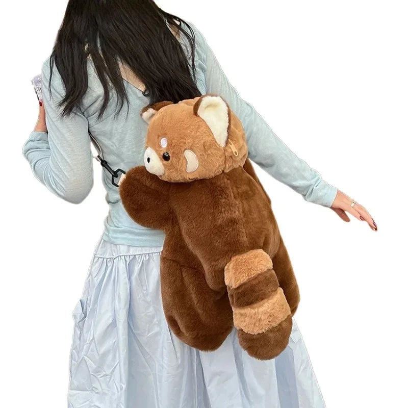 Red Panda Plush Backpack – Cute Fur Plushie Crossbody and Soft Shoulder Bag for Women