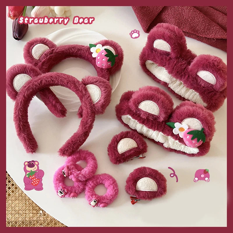 Strawberry Bear Plush Ear Face Wash Headband - Cute Cartoon Non-Slip Hairband for Women, Soft Cashmere
