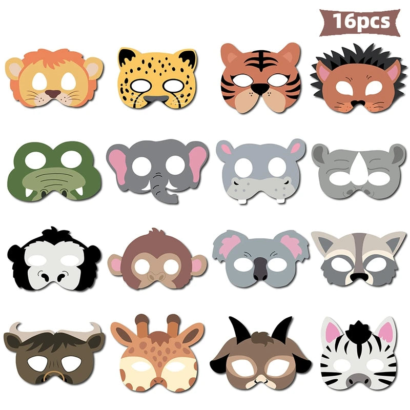 16-Pack Kids Jungle Animal Paper Masks - Safari Party Photo Props | Birthday & Baby Shower Decorations