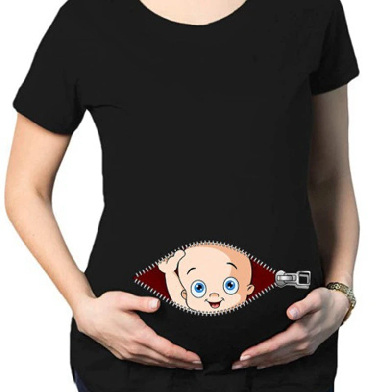 Summer Maternity Short Sleeve T-shirt Women Clothing Pregnant Zipper Twins Print Plus Size S-3XL Funny T-shirt Top Tees