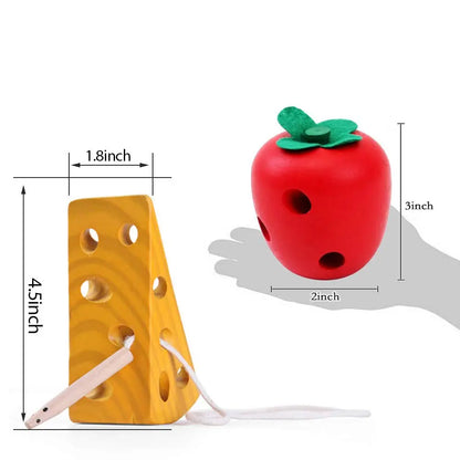Montessori Activity Worm Eat Apple Toy – Wooden Threading and Development Game for Kids, Toddler Travel Toy for Car and Plane Play