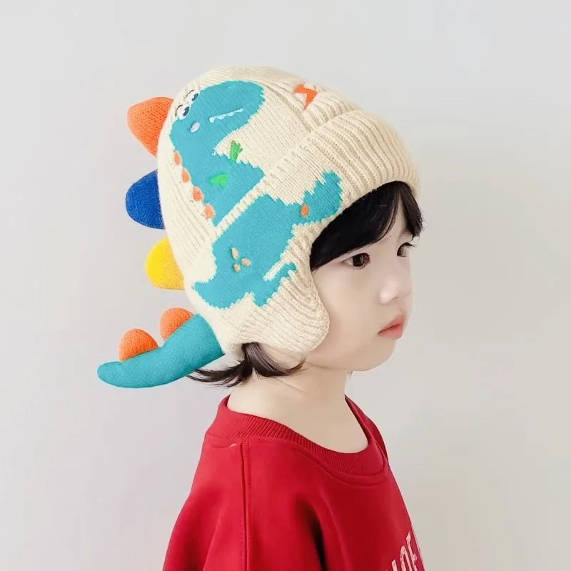 Dinosaur Cartoon Kids Earmuffs Beanie — Warm Knit Cotton Winter Hat with 3D Ears for Toddlers & Children (Unisex)