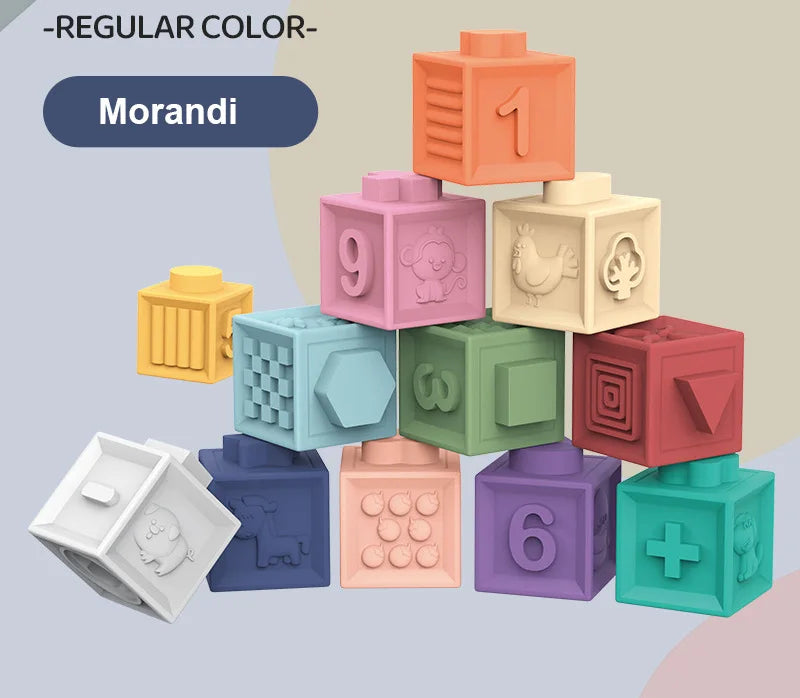 Baby Soft Touch Blocks – 3D Massage Rubber Vinyl Building Blocks, Montessori Bath Squeeze Toy for Kids
