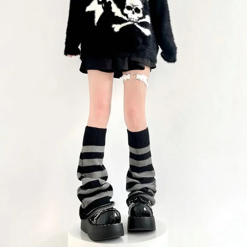 Y2K Punk Knitted Leg Warmers - Star Gothic Cross Harajuku Women Heart Two-Side Wear Loose Fit Leg Covers | JK Thigh High Lolita Socks