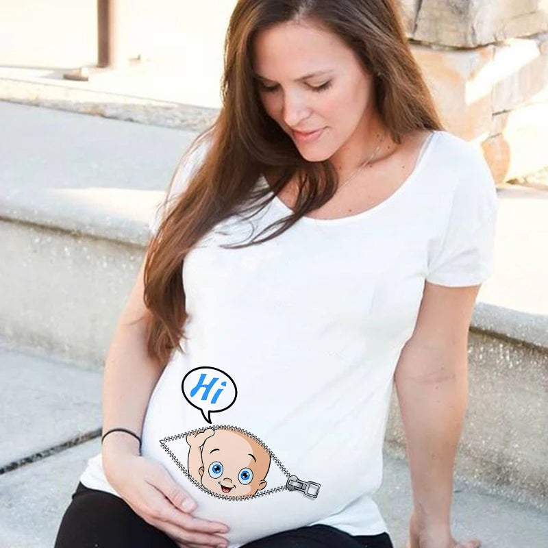 Baby Peeking Maternity T-shirt Funny Zip Print Trendy Mom Plus Size Summer Fashion Pregnant Woman Pregnancy Tees