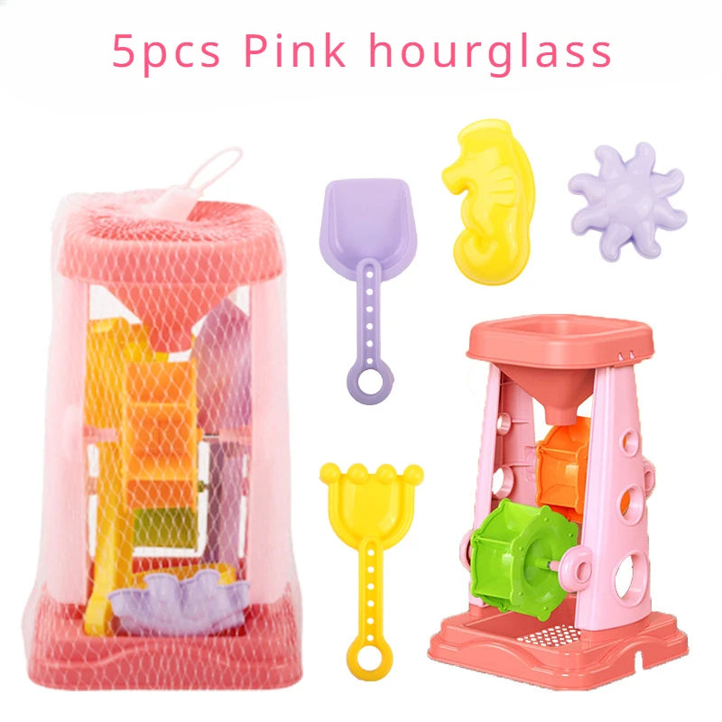 Kids Beach Toy Set With Sand Wheel, Bucket, Shovel, Rake & Sailboat Molds — Summer Sandbox Play
