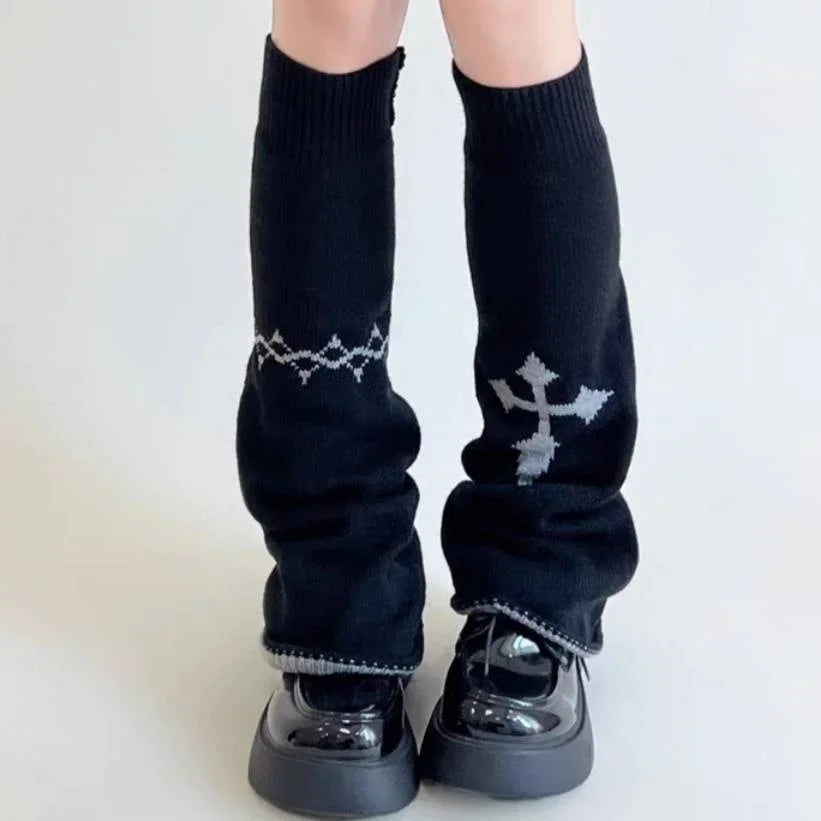 Y2K Punk Knitted Leg Warmers - Star Gothic Cross Harajuku Women Heart Two-Side Wear Loose Fit Leg Covers | JK Thigh High Lolita Socks
