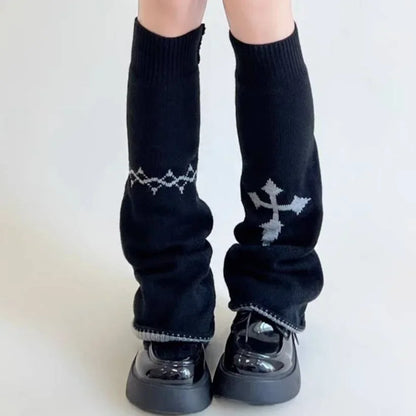 Y2K Punk Knitted Leg Warmers - Star Gothic Cross Harajuku Women Heart Two-Side Wear Loose Fit Leg Covers | JK Thigh High Lolita Socks