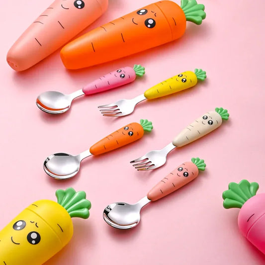 Cartoon Carrot Spoon & Fork Set for Babies - Cute Short Rice Spoon, Children's Tableware, Stainless Steel Feeding Utensils