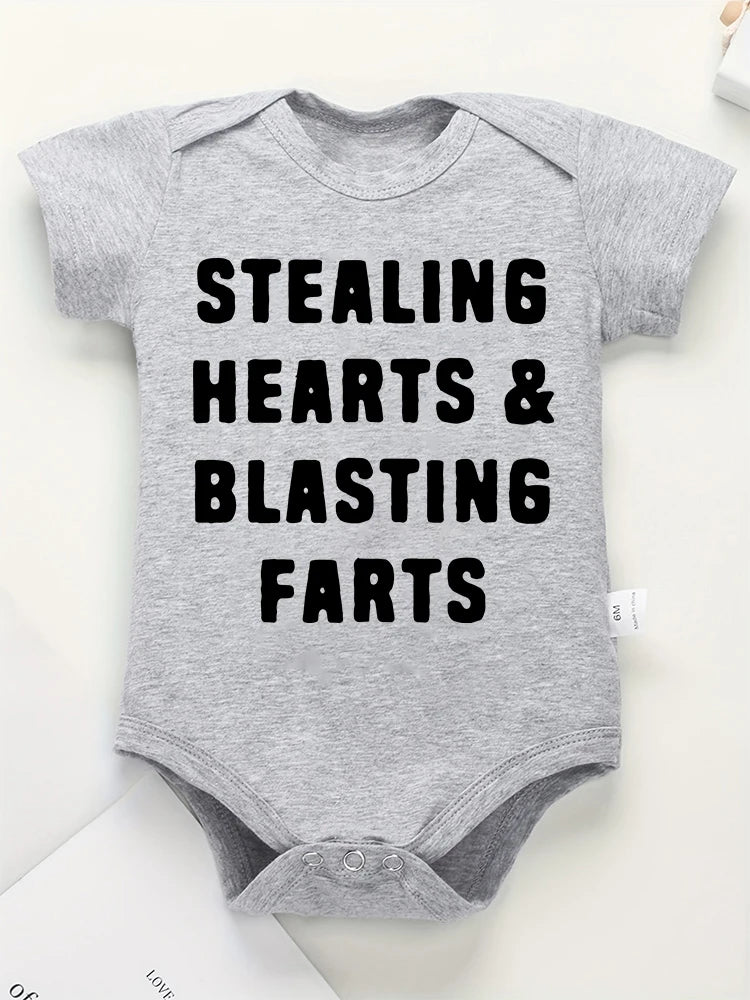 Creative Baby Onesie – "Stealing Hearts and Blasting Farts" Letter Print Funny Bodysuit – Comfy & Breathable Cotton Infant Clothes (0-24M)