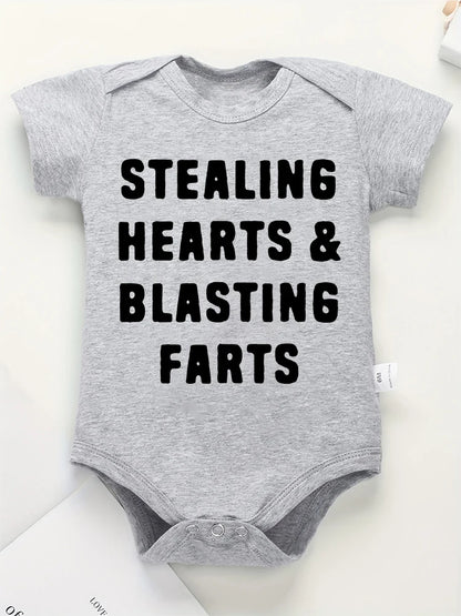 Creative Baby Onesie – "Stealing Hearts and Blasting Farts" Letter Print Funny Bodysuit – Comfy & Breathable Cotton Infant Clothes (0-24M)