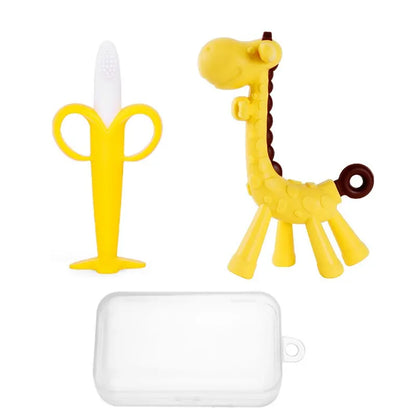 Baby Silicone Training Toothbrush - BPA Free Banana Shape Teether Chew Toy and Teething Ring for Infants