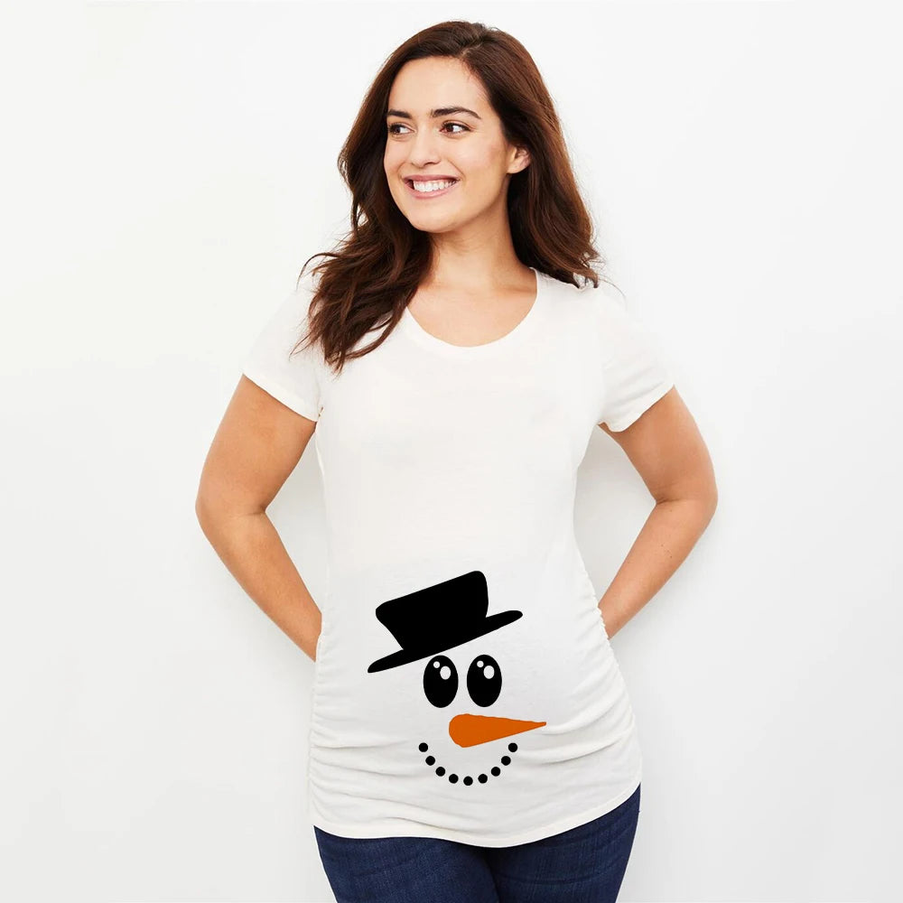 Christmas Pregnant Women T-shirt Snowman Cartoon Printed Pregnancy Announcement Clothes Maternity White Short Sleeve Top