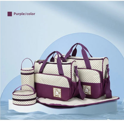 5-Piece Stylish Portable Mommy & Baby Bag – Large Capacity Diaper Bag with Built-in Changing Pad & Independent Bottle Compartment - Kidzy Market
