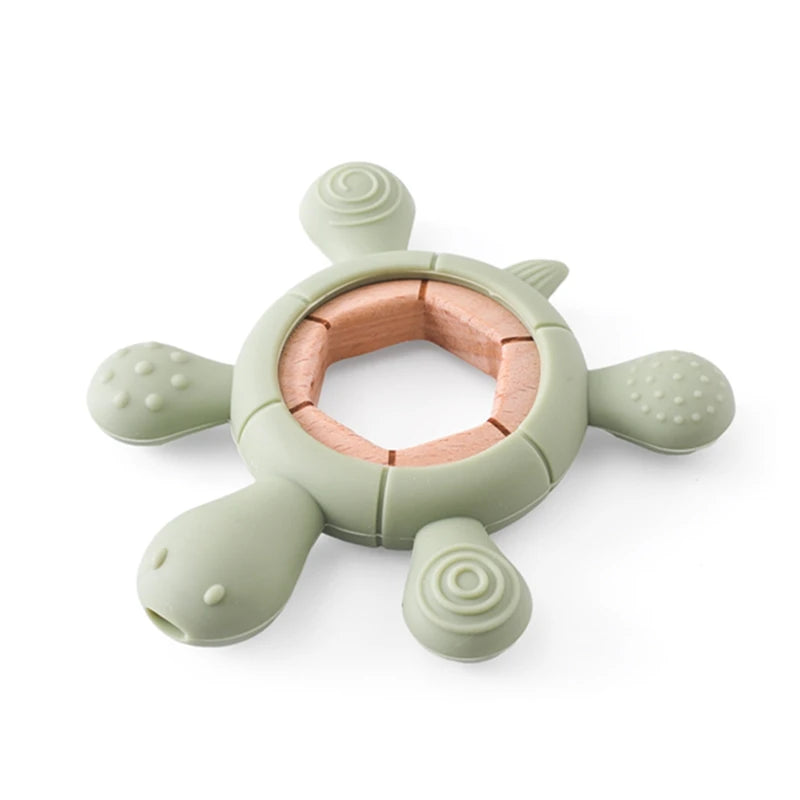 1pc BPA-Free Silicone Turtle Teether - Rodent Shape Baby Gum Pain Relief with Wooden Teether Ring | Infant Sensory Toy Gift