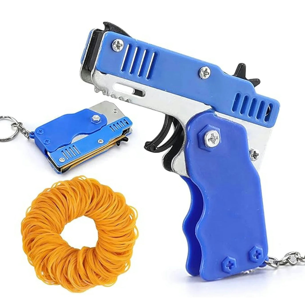 Kids Mini Folding Rubber Band Launcher Toy — Portable Keychain Launcher with 60 Rubber Bands for Outdoor Play