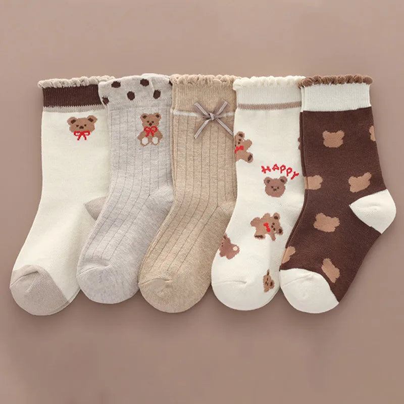5 Pairs Cartoon Bear Children’s Middle Tube Socks - Autumn & Winter Keep Warm Sport Socks for Girls & Boys | Baby Cotton Socks for Kids