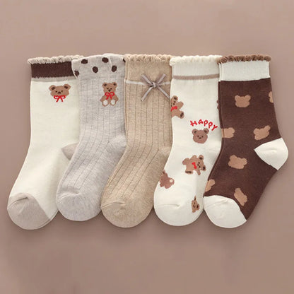 5 Pairs Cartoon Bear Children’s Middle Tube Socks - Autumn & Winter Keep Warm Sport Socks for Girls & Boys | Baby Cotton Socks for Kids