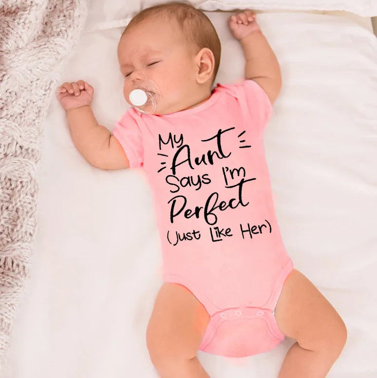 “My Aunt Says I’m Perfect” Letter Printed Infant Toddler Jumpsuit – Summer Newborn Bodysuit – Funny Auntie Baby Clothes – Baby Shower Gifts
