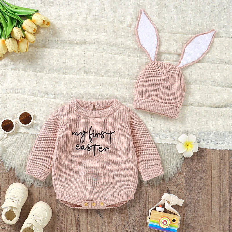 Newborn Baby Bodysuit – Knit Long Sleeve Infant Jumpsuit with Cute Rabbit Ears – Fashion Toddler Boy & Girl Clothing for Spring (0-12M)