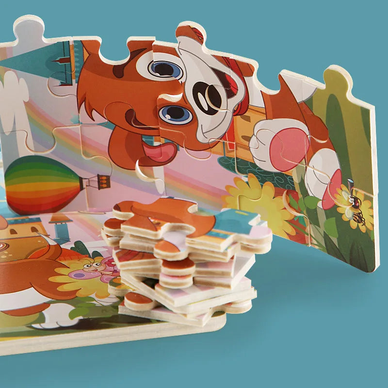 New 20 Piece Wooden 3D Puzzle, Cartoon Animal & Vehicle Jigsaw, Montessori Educational Toy for Kids, Baby 1-3 Years