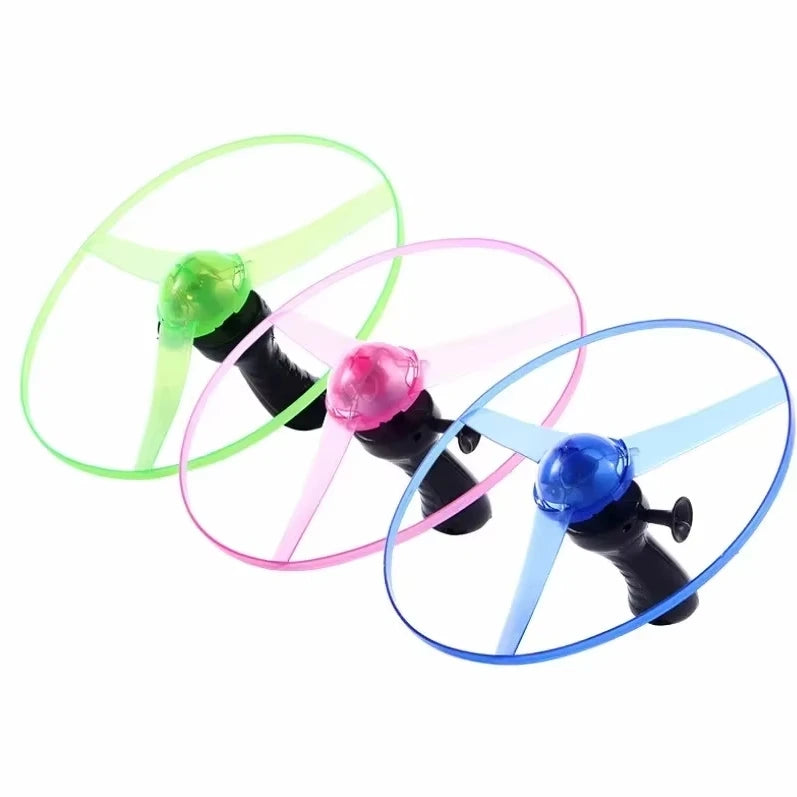 Luminous Pull-Line LED Flying Saucer Toy with Launcher — Light-Up Rotating Disk Flyer for Kids & Pets, Outdoor Fun