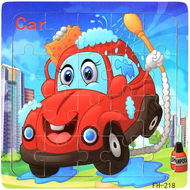 New 20 Piece Wooden 3D Puzzle, Cartoon Animal & Vehicle Jigsaw, Montessori Educational Toy for Kids, Baby 1-3 Years