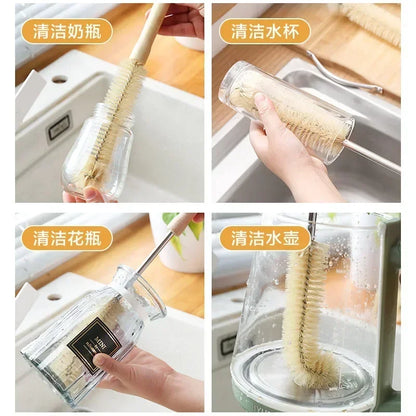 Bottle Brush Cleaner with Long Wooden Handle – Natural Bristle Water Bottle & Kitchen Scrub Brush for Cup & Jug Cleaning