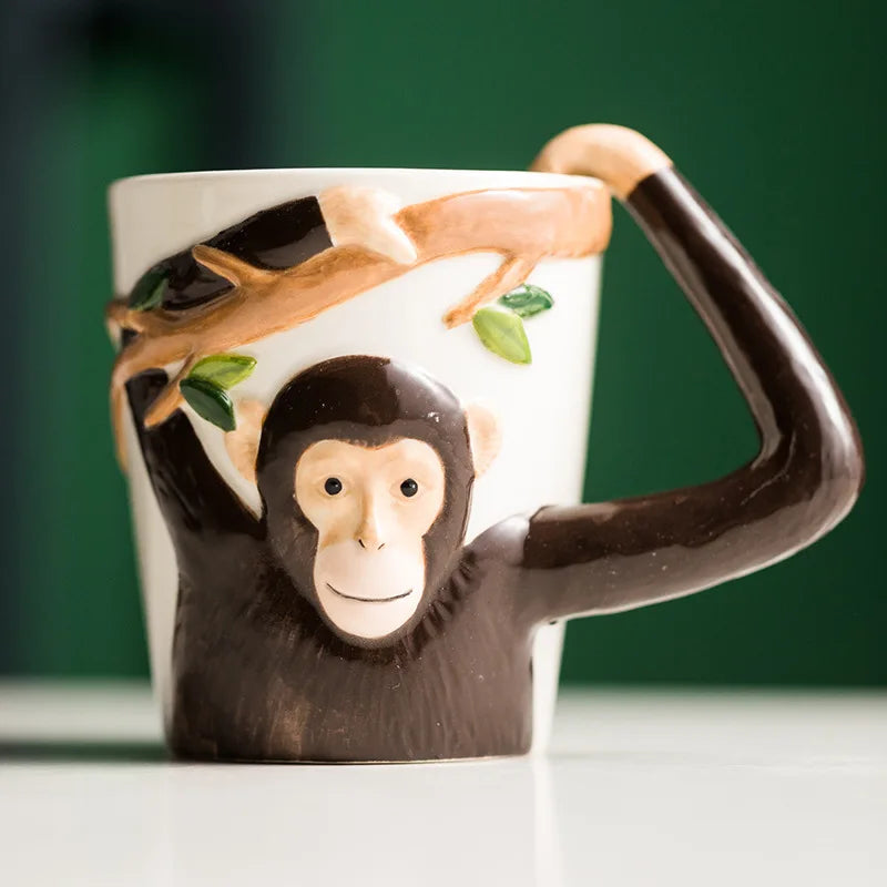 Cartoon Monkey Ceramic Coffee Mug — 310ml / 10.5 fl oz Irregular Kids Animal Cup with Handgrip