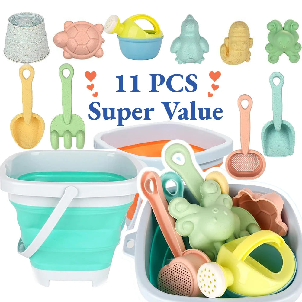 11Pcs Beach Toy Set With Collapsible Bucket, Shovel & Sand Molds — Summer Outdoor Sandbox Toys