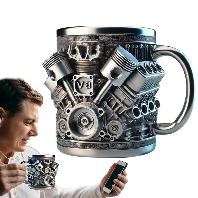 Handmade 3D V8 Engine Tankard — Resin & Stainless Steel Coffee & Beer Mug for Home, Office, Garage